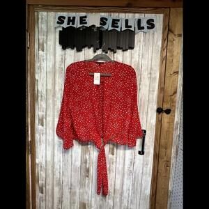 NWT Buckle L Red Sheer Shirt With White Polka Dots Front Tie‎